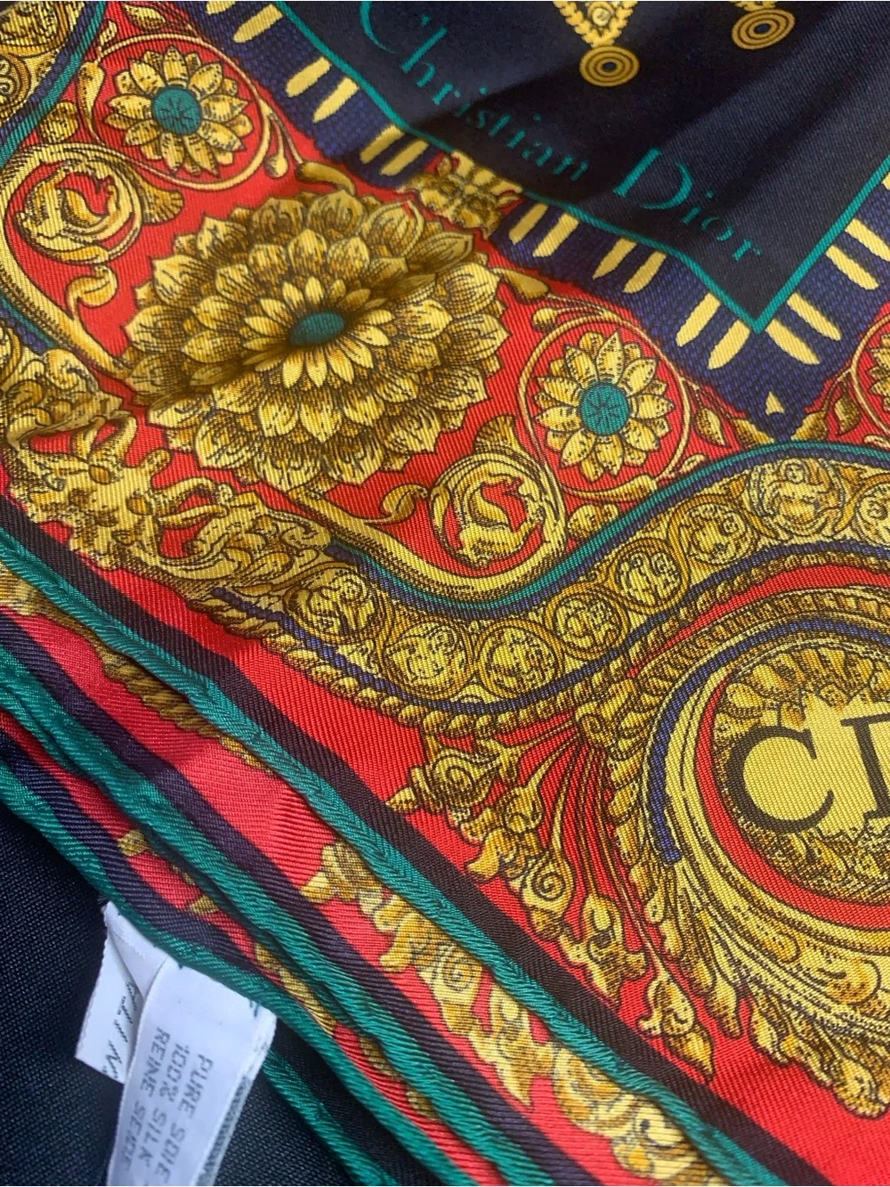 Dior Red, Gold & Teal Baroque Silk Scarf